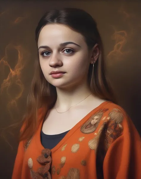 JoeyKing, (art by Helen Allingham:0.9) , portrait,close up of a Fiery Warlike Girl, Professor, wearing Dimensional Wide-leg pants and crop top with Mewtwo embroidery, Ultra Real, Rembrandt lighting, <lora:JoeyKingSDXL:1>
