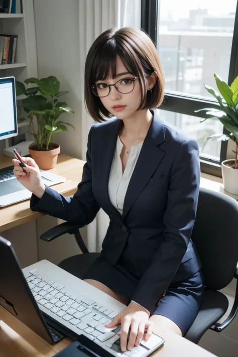 ultra high res,masterpiece,best quality,perfect lighting,detailed lighting,dramatic shadows,ray tracing,
1girl,glasses,blue suit,office lady,black pencil skirt,torn legwear,
cowboy shot,indoors,office,white table,potted plant,window,sunlight,monitor,keyboard \(computer\),short hair,parted bangs,