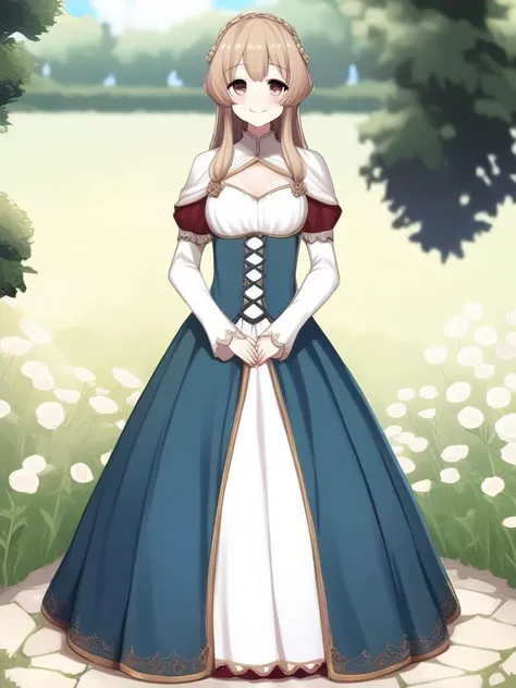 photography of a beautiful young medieval woman, beautiful dress, outside,, anime, smile