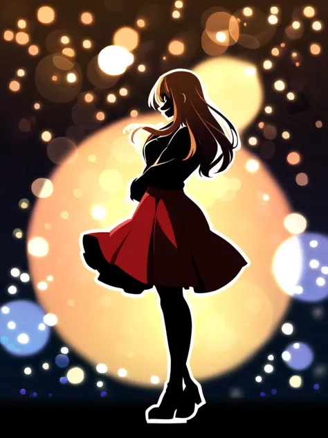 1girl, full body, eye contact, bokeh background, big bokeh, night, brown hair, red skirt, back long hair, smile, anime