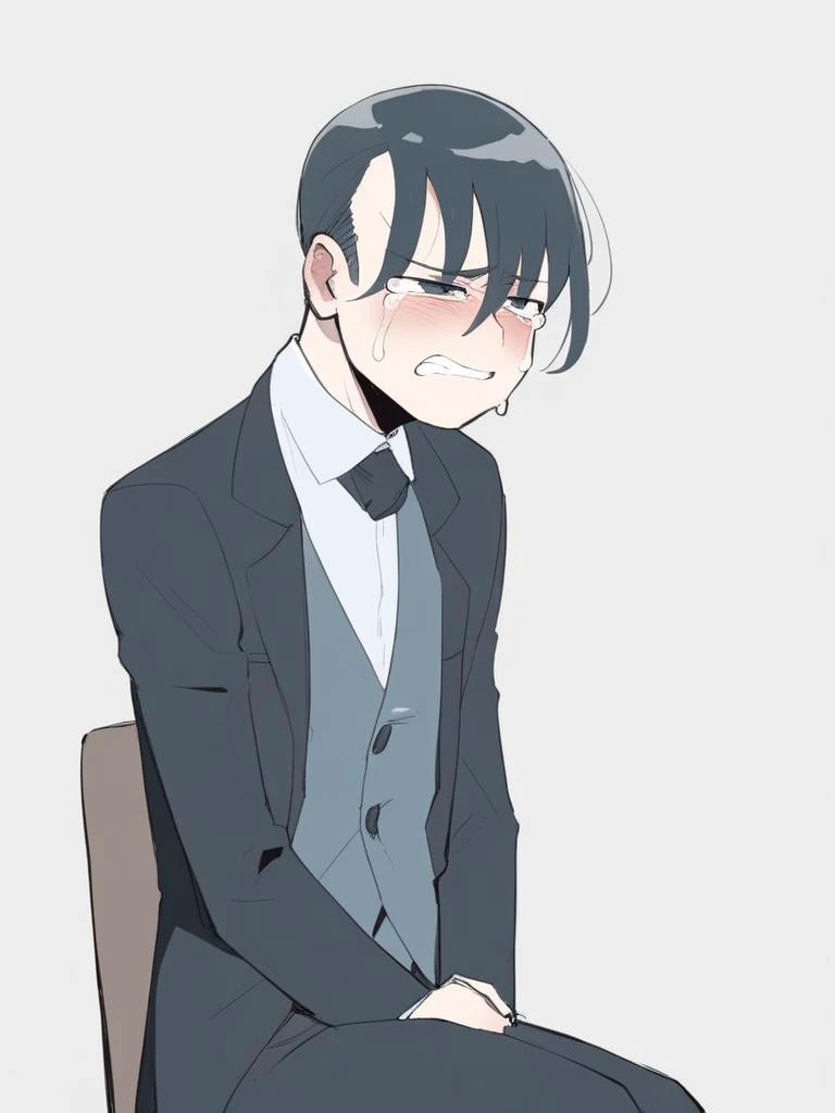 A man in a suit sitting in a chair with a cold look on his face, anime, crying face expression