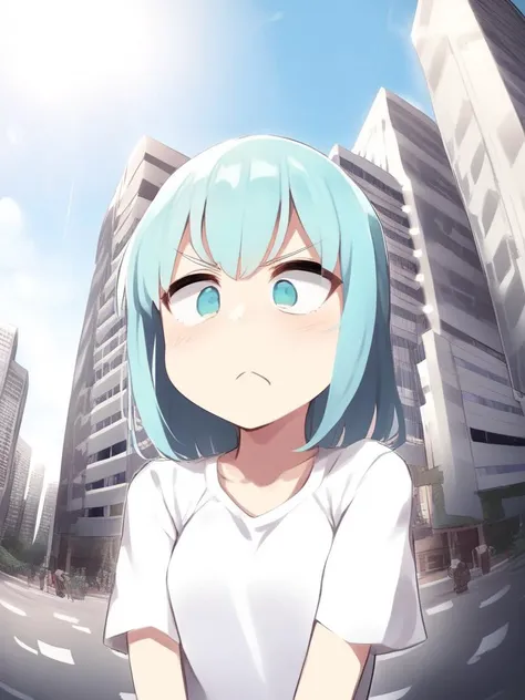 A young woman being extremely amused, shot with a wide angle lens in an urban environment --no watermark, text, anime, sad,frown