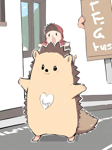 Incredibly adorable but very spiky hedgehog standing on a deserted street with his arms wide open for a hug. Hedgehog has a cardboard sign hanging on his chest. The cardboard has a writing on it that says: "Free hugs"., anime, similing