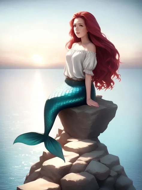 A female mermaid in her mid twenties. She has a glistening scaly black colour mermaid tail. She has a red flower tucked in her long white colour hair. The day is in the early evening with the sun on the horizon of the sea. Sheâs sitting on a large brown stone with her mermaid tail dangling above the sea. She is overlooking the vast windy sea. Her mermaid tail must be seen clearly. Realistic and cinematic., anime, happy