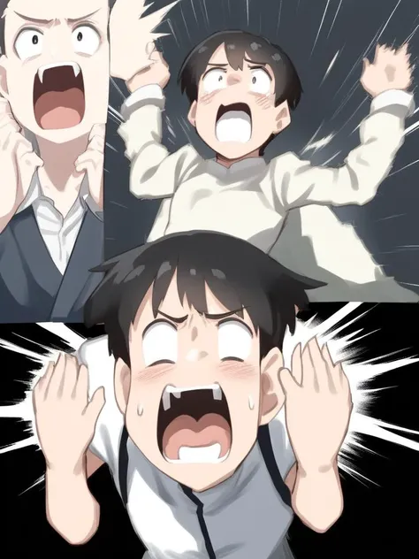 man screaming with both hands on cheeks in shock and grief, anime, surprised