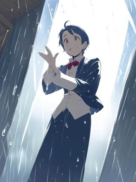 The magician is performing in the magic room with continuous spring rain, low angle shot, Classicism, 16k, hyper quality, anime, happiness face expression