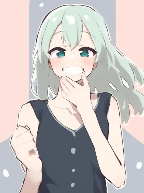 A person laughing uncontrollably while holding their hand to their mouth, their eyes crinkled in amusement, capturing the moment of genuine hilarity., anime, happy