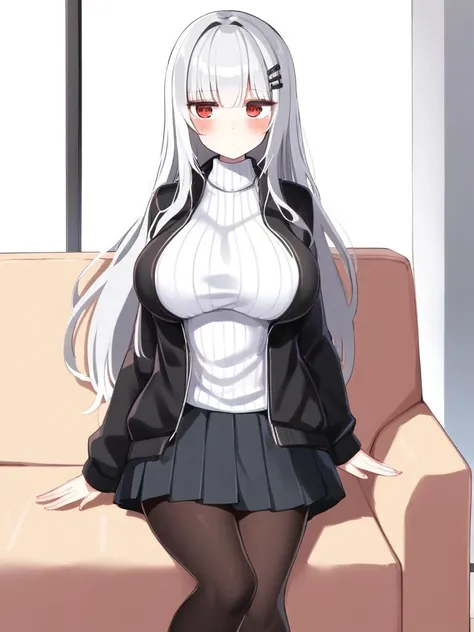 1girl, silver hair, (black jacket, open jacket:1.2), black pantyhose, black skirt, blush, cowboy shot, hair ornament, hairpin, indoors, large breasts, long hair, long sleeves, pantyhose, pleated skirt, red eyes, ribbed sweater, sitting, solo, turtleneck sweater, white sweater, window, on couch, brown couch, looking away, expressionless,, anime