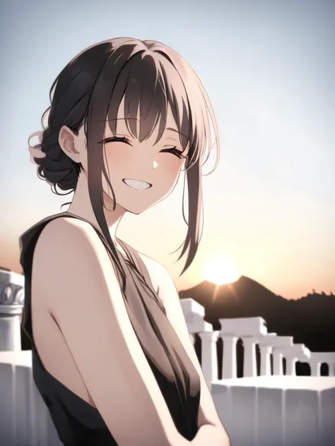 a beautiful ancient Ancient Greece young woman smiling portrait, sunset light, Greek columns in the background, dedicate skinny, lovely, very detailed photo on Sony Alpha Î±7 III, anime, pain