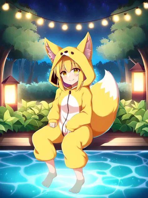 8K, sharp focus, Natural volumetric lights, soft lighting, fox_onesie, fuzzy_onesie, hood, fox_kigurumi, smiling, looking_at_viewer, symmetric_eyes, detailed_eyes, garden, sitting, feet in water, porch, backyard, string_lights in trees, night, fireflies, evening, anime