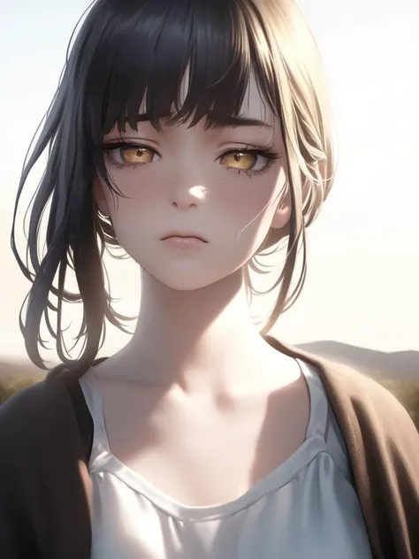 A portrait of a beautiful woman, outdoors, natural background. Ultra realistic face photograph. Golden Hour., anime, sad,gloom expression