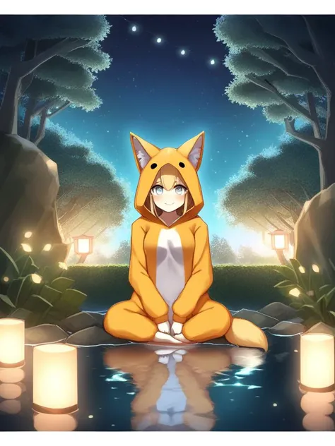 8K, sharp focus, Natural volumetric lights, soft lighting, fox_onesie, fuzzy_onesie, hood, fox_kigurumi, smiling, looking_at_viewer, symmetric_eyes, detailed_eyes, garden, sitting, feet in water, porch, backyard, string_lights in trees, night, fireflies, evening, anime