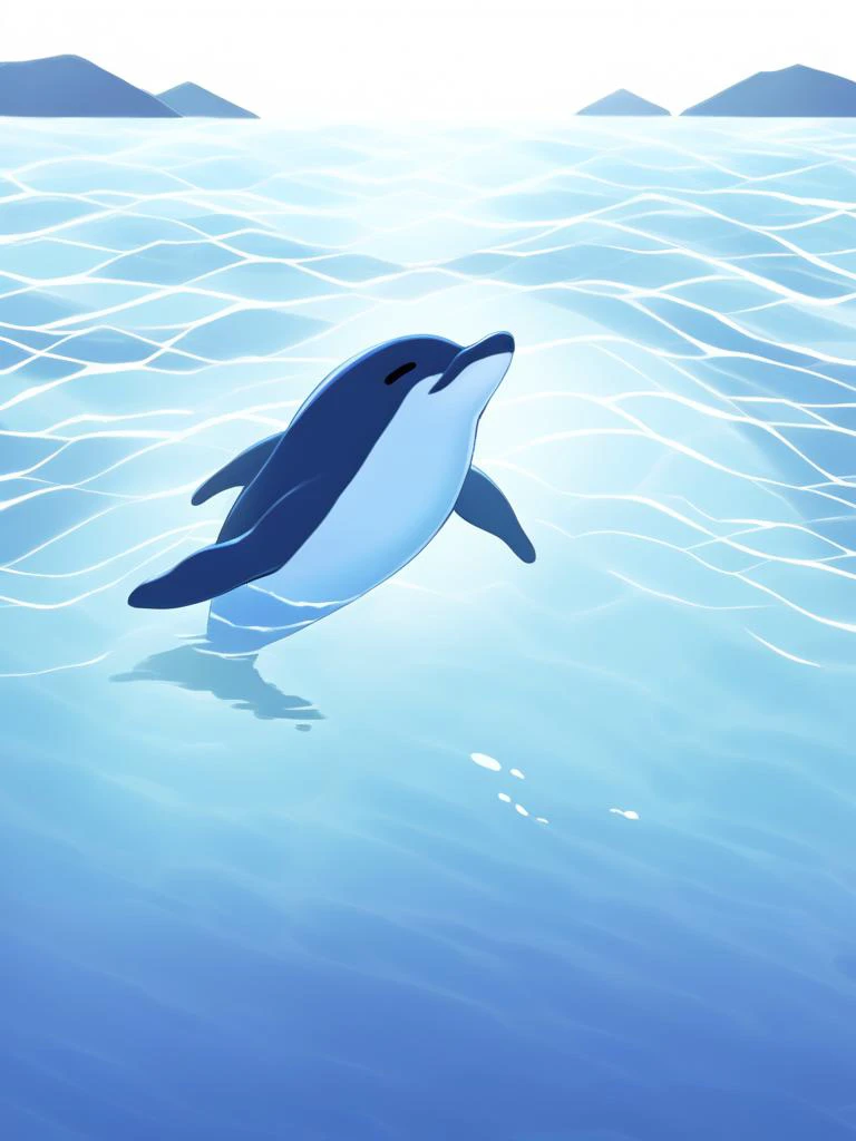 A swimming dolphin is swimming freely in the ocean, wide light, Graphics, 8K, hyper quality, anime, sad face expression