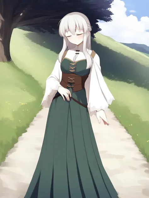 photography of a beautiful young medieval woman, beautiful dress, outside,, anime, sleepy