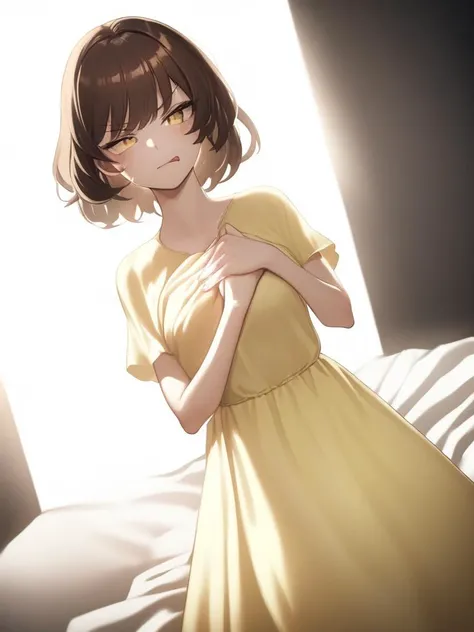 An American woman, Pale yellow dress, In bed, Cover your chest, parted lips, cinematic lighting, depth of field, Pick up the glass with your left hand, Soft warm light, Brown hair, licking lips, Surrealism, depth of field, anime, annoyed