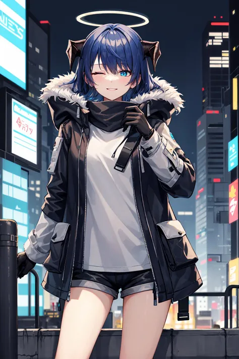cowboy shot, 1girl, solo, mostima \(arknights\), halo, detached wings, main outfit, black jacket, open jacket, gloves, fur-trimmed hood, white shirt, black short shorts, demon horns, looking at viewer, smile, half-closed eyes, parted lips,( hood up) , cyberpunk city, neon lights, night <lora:mostima:1>