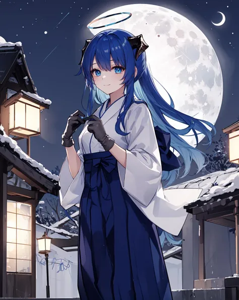 1girl, solo,halo, mostima \(arknights\),demon horns, standing, detached wings, (blue hakama:1.3), (white japanese clothes, ribbon-trimmed sleeves, wide sleeves, ), (night ,shrine,moon),light smile, ponytail, <lora:mostima:1> mismatched gloves,