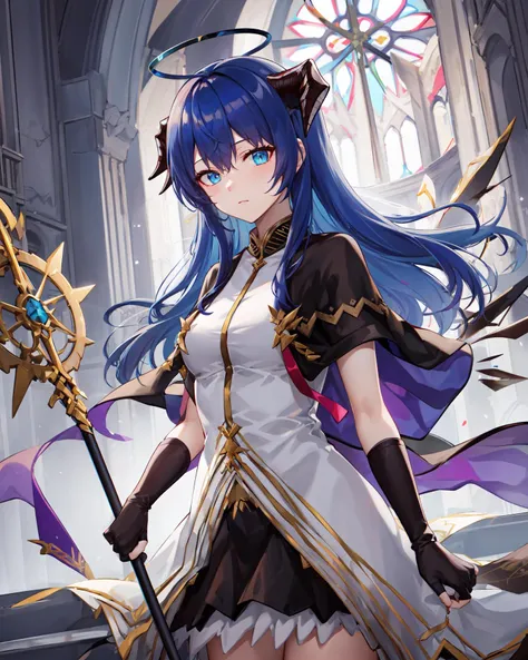 cowboy shot, 1girl, solo, mostima \(arknights\), spellbreaker, halo, demon horns, detached wings, two-tone dress, capelet, elbow gloves, looking at viewer, fingerless gloves, short sleeves , holding staff,half-closed eyes, church <lora:mostima:1>
