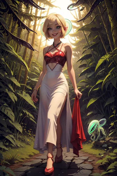 <lora:AlienWorld:1> (AlienWorld:1.15) 1girl ,( short blonde hair:1.2),walking in forest with a long dress, red bra smiling