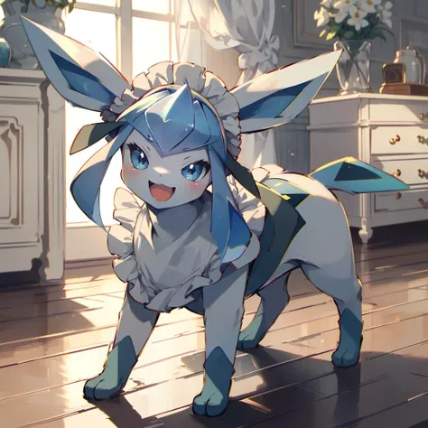 <lora:glaceon-v3-000024:1.2>glaceon,pokemon \(creature\), no humans,animal nose,clothed pokemon, maid apron,maid headdress, smile,open mouth, full body, indoors,, (masterpiece, best quality,absurdres: 1.2),, masterpiece,best quality,ultra-detailed,very detailed illustrations,extremely detailed,intricate details,highres,super complex details,extremely detailed 8k cg wallpaper