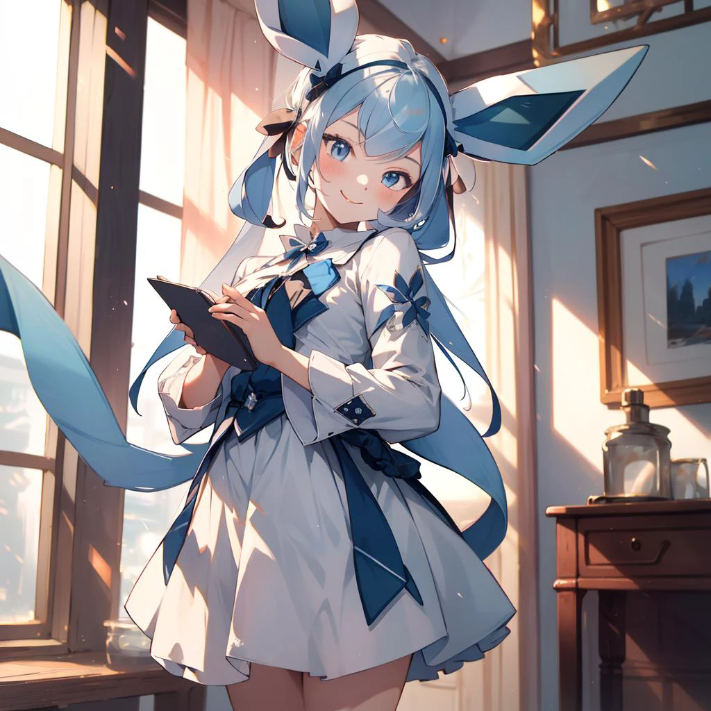 <lora:glaceon-v3-000024:1.2>glaceon,1girl,cute,standing,indoors, smile,, (masterpiece, best quality,absurdres: 1.2),, masterpiece,best quality,ultra-detailed,very detailed illustrations,extremely detailed,intricate details,highres,super complex details,extremely detailed 8k cg wallpaper, perfect hands,