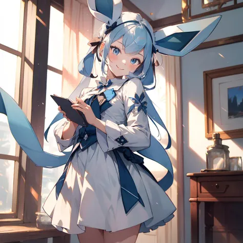 <lora:glaceon-v3-000024:1.2>glaceon,1girl,cute,standing,indoors, smile,, (masterpiece, best quality,absurdres: 1.2),, masterpiece,best quality,ultra-detailed,very detailed illustrations,extremely detailed,intricate details,highres,super complex details,extremely detailed 8k cg wallpaper, perfect hands,