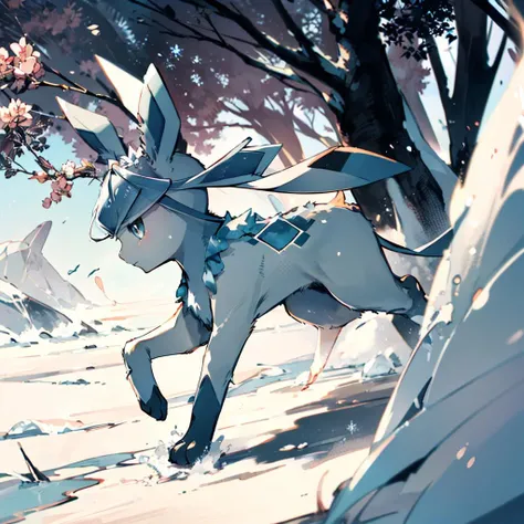 glaceon, snow,pokemon \(creature\),animal, full body, tree,, (masterpiece, best quality,absurdres: 1.2),, perfect hands,, masterpiece,best quality,ultra-detailed,very detailed illustrations,extremely detailed,intricate details,highres,super complex details,extremely detailed 8k cg wallpaper