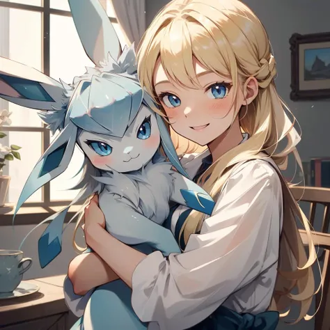 <lora:glaceon-v3-000024:0.8>1girl hugging glaceon, pokemon \(creature\),blonde hair, no headwear, indoors,smile, (masterpiece, best quality,absurdres: 1.2),, perfect hands,, masterpiece,best quality,ultra-detailed,very detailed illustrations,extremely detailed,intricate details,highres,super complex details,extremely detailed 8k cg wallpaper