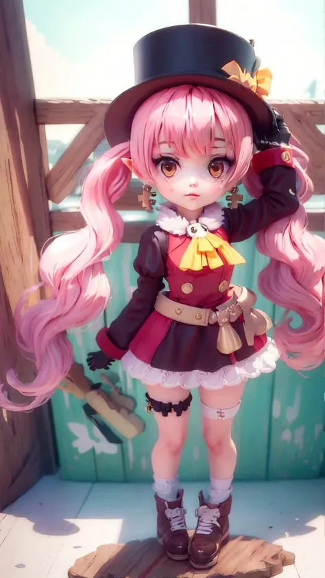 masterpiece, best quality, 1girl,look up to,full body,looking up, ,Dolce, brown eyes, pointy ears,red dress, white gloves, yellow necktie, earrings, black top hat, pink hair, twintails, long hair,
beauty eye,backlighting, full body,chibi, perfect ratio,simple background, wooden walls,
<lora:blindbox_v1_mix:.9> <lora:DolceRF4:.8> <lora:epi_noiseoffset2:1>