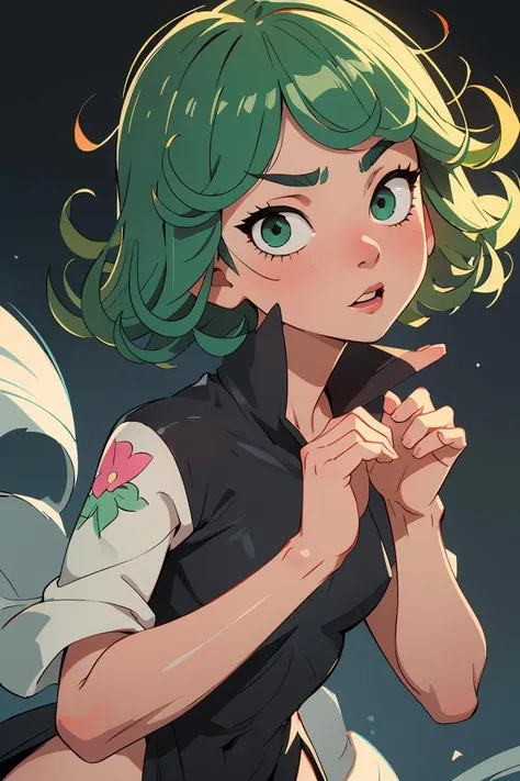 (masterpiece, best quality), 1girl, beautiful face, <lora:tatsumaki:1> tatsumaki, dress, black dress, no panties