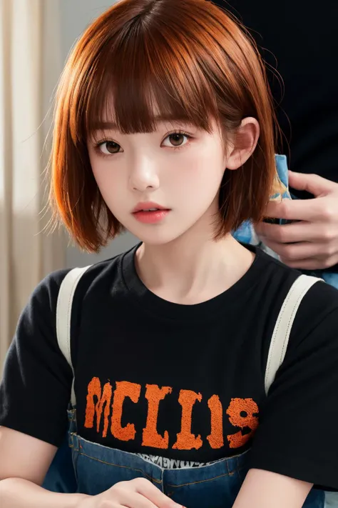 <lora:animejojihuku:0.7>, animejojihuku, kids fashion, best quality, masterpiece, illustration, realistic, photo-realistic, amazing, finely detail, incredibly absurdres, huge filesize, ultra-detailed, highres, extremely detailed CG unity 8k wallpaper, kids cloth, school girl, bob cut hair, messy hair, blush, black shirt, orange hair,