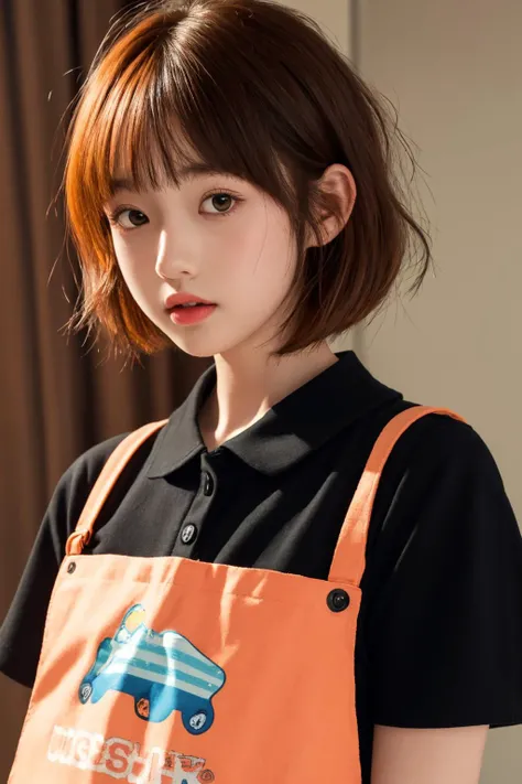 <lora:animejojihuku:0.7>, animejojihuku, kids fashion, best quality, masterpiece, illustration, realistic, photo-realistic, amazing, finely detail, incredibly absurdres, huge filesize, ultra-detailed, highres, extremely detailed CG unity 8k wallpaper, kids cloth, school girl, bob cut hair, messy hair, blush, black shirt, orange hair,