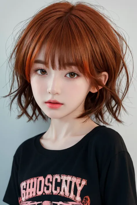 <lora:animejojihuku:0.7>, animejojihuku, kids fashion, best quality, masterpiece, illustration, realistic, photo-realistic, amazing, finely detail, incredibly absurdres, huge filesize, ultra-detailed, highres, extremely detailed CG unity 8k wallpaper, kids cloth, school girl, bob cut hair, messy hair, blush, black shirt, orange hair,