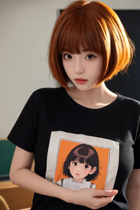 <lora:animejojihuku:0.7>, animejojihuku, kids fashion, best quality, masterpiece, illustration, realistic, photo-realistic, amazing, finely detail, incredibly absurdres, huge filesize, ultra-detailed, highres, extremely detailed CG unity 8k wallpaper, kids cloth, school girl, bob cut hair, messy hair, blush, black shirt, orange hair,