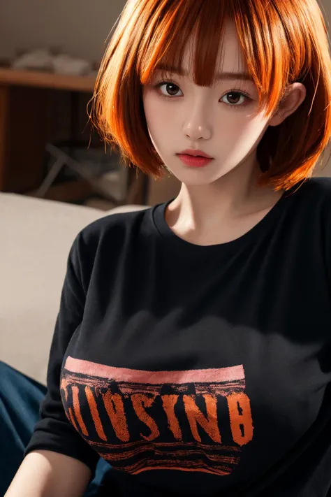 <lora:animejojihuku:0.7>, animejojihuku, kids fashion, best quality, masterpiece, illustration, realistic, photo-realistic, amazing, finely detail, incredibly absurdres, huge filesize, ultra-detailed, highres, extremely detailed CG unity 8k wallpaper, kids cloth, school girl, bob cut hair, messy hair, blush, black shirt, orange hair,