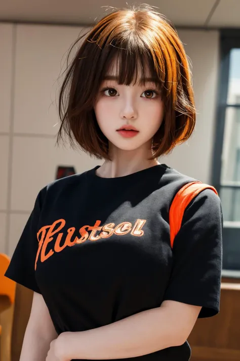 <lora:animejojihuku:0.7>, animejojihuku, kids fashion, best quality, masterpiece, illustration, realistic, photo-realistic, amazing, finely detail, incredibly absurdres, huge filesize, ultra-detailed, highres, extremely detailed CG unity 8k wallpaper, kids cloth, school girl, bob cut hair, messy hair, blush, black shirt, orange hair,