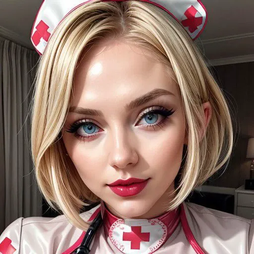 , 1female, (latex nurse, ,), blonde, egirl makeup, , beautiful face, photorealistic, best quality , 8k, intricate, ultra detailed, nice bedroom background,