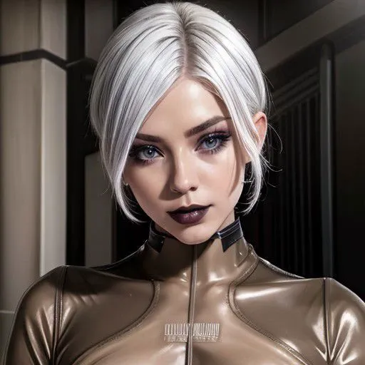 1female, ( , bodysuit, skin tight, lgoves, latex, barcode , eyeshadow, white hair), ,Dyed egirl hair, egirl makeup, photorealistic, best quality , 8k, , beautiful face, intricate, ultra detailed, nice indoors background,