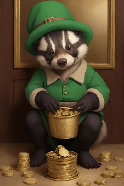 masterpiece, best quality, (anthropomorphic badger), dressed as a leprechaun, pot of gold coins, looking at viewer