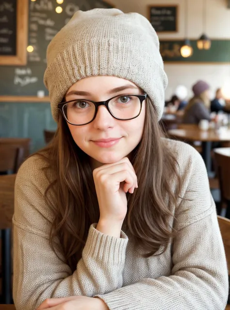 portrait of quirky woman, sitting in cafe, glasses, sly glance, (freckles:0.7), beanie, cosy atmosphere