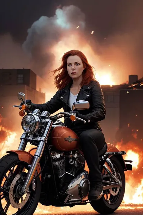 A young, thought and sexy redhead woman wore a black leather jacket, riding a Harley-Davidson. Explosions and fire behind. Chopper on fire. Buildings on fire. Wind in her hair. Photorealistic. 4k, Crowd run in panic. Front view.