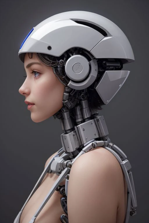 Description: A beautiful girl with a sweet and enticing appearance,
skin color thighs, skin color real skin, Beautiful and charming profile, Exposed brain circuits, resembling a real human. Her face and neck exhibit a natural skin texture, but her head and neck reveal the presence of mechanical components. Below her chest, she is entirely robotic, showcasing intricate mechanical structures. However, the rest of her body mimics the texture of human skin, with a natural touch.Quarter Tech Helmet.