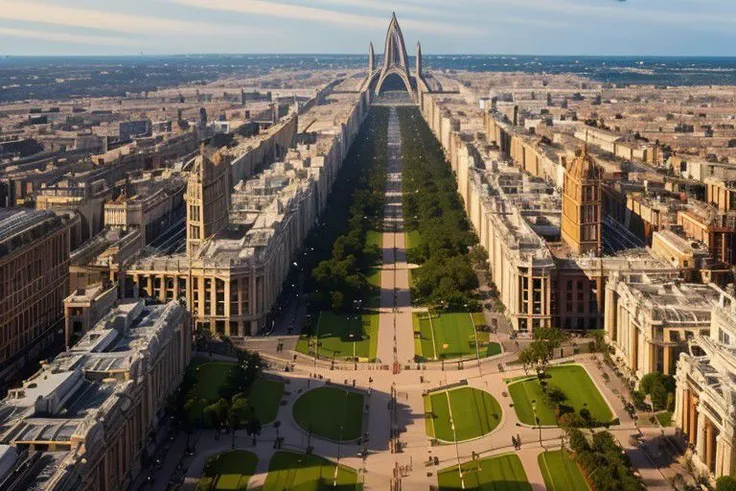 (masterpiece:1.3), (best quality:1.2), CGI render, Hyperdetailed, vivid colors, modern era photograph, 8k Ultra HD, perfect composition, soft natural volumetric cinematic light, (photorealism:1.1), hyperdetailed, scenery, city, buildings, idealized American city, busy city center, parks and greenery areas, parks, plazas, modern era photograph, skyscrapers, monumental architecture
