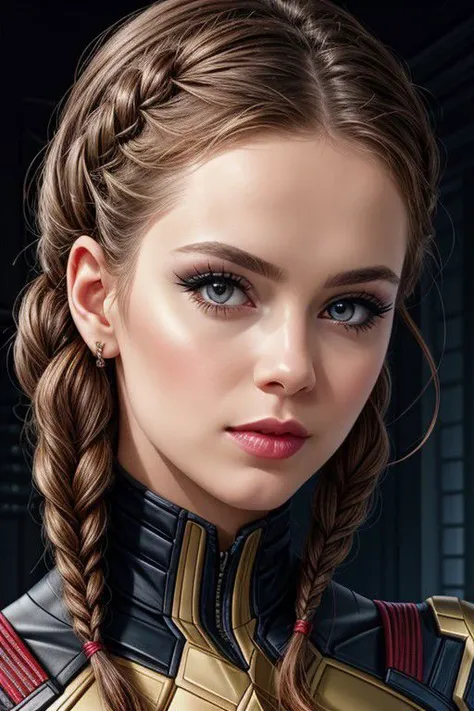 1female, (wasp marvel, ,), , egirl makeup, , beautiful face, photorealistic, best quality , 8k, intricate, ultra detailed, nice bedroom background, French braid,