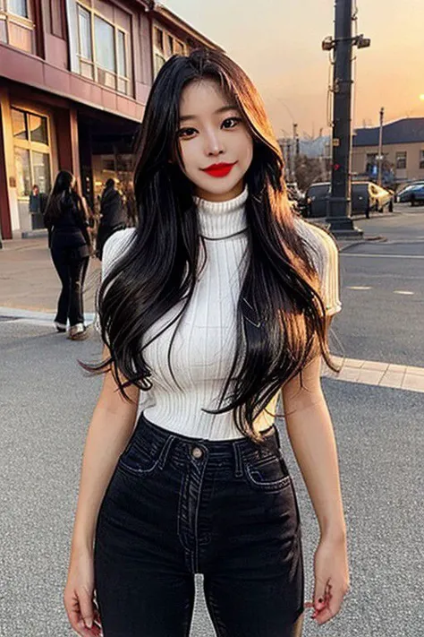 (ultra realistic,32k, masterpiece:1.2),(high detailed skin:1.1),( high quality:1.1),
1women,<lora:add_detail:0.91>,  
standing, (looking at viewer:1.1),
,(golden hour:1.1),blurry background, 
BREAK 1women, (smile:0.75), a girl, black long hair,(mascara:1.1), red lips,(thick lips:1.1), BREAK white  (ribbed:1.3) turtleneck shirt,short sleeves ,huge breast, BREAK black denim pants