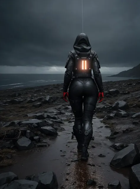 hooded girl in Death Stranding: Timefall Storm: A mountain landscape ravaged by timefall, where rain ages objects rapidly and creates bizarre and dangerous phenomena, lighting, (raw photo, 35mm photograph, film, professional, 4k, highly detailed:1.1)