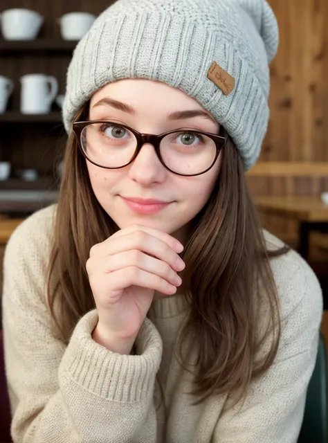portrait of quirky woman, sitting in cafe, glasses, sly glance, (freckles:0.7), beanie, cosy atmosphere