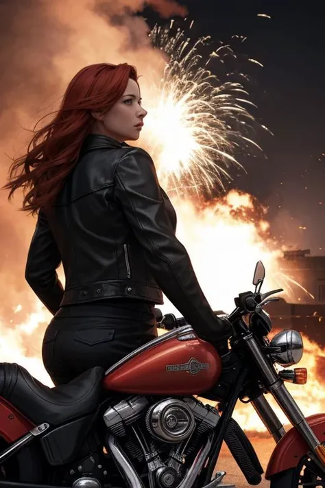 A young, thought and sexy redhead woman wore a black leather jacket, riding a Harley-Davidson. Explosions and fire behind. Chopper on fire. Buildings on fire. Wind in her hair. Photorealistic. 4k, Crowd run in panic. Front view.