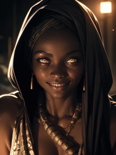 RAW photo, (high detailed skin, detailed eyes:1.1), intricate details, best quality, 8k uhd, soft lighting, (a photo of African women thug:1.3), glowing eyes, evil smile, film grain