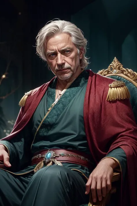 (best quality, masterpiece:1.2), (1man, wrinkled face, old portuguese male:1.2), frail, hazel eyes, graying hair, shaggy hair, Style-GravityMagic, portrait, focus on character, looking up, solo, half shot, detailed background, detailed face, (<lora:SamuraiPunkAIv3:0.6>, SamuraiPunkAI theme:1.1), royal imperial ruler, aristocratic, sitting on throne, soft smile, ballroom background, symmetrical composition, sidelighting, cinematic atmosphere, long green cape, jewels,